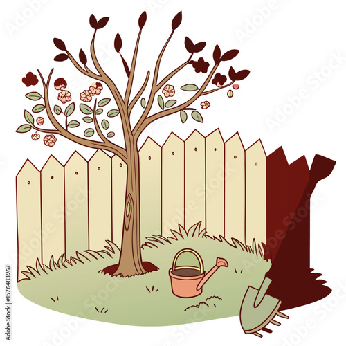 "Cute flat-style backyard with a small apple tree, wooden fence, and gardening tools beside it"


