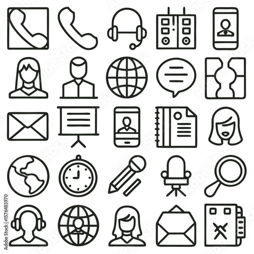 Collection of Black Line Icons Representing Communication Technology Business and People