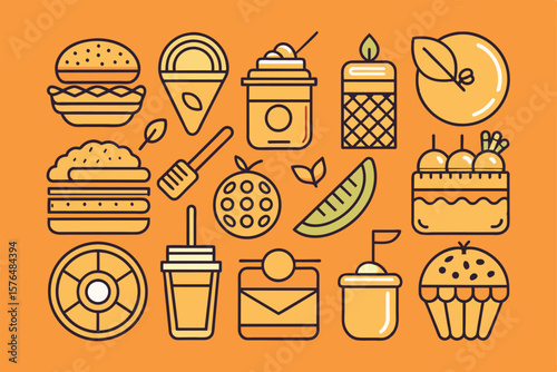 Illustration featuring various food icons, including burgers, cupcakes, and beverages, on a bright orange backdrop. Perfect for menus, food blogs, or culinary design projects.