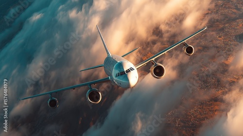 Commercial airplane flying through clouds