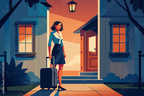 A woman on the doorstep with a suitcase, calm face and determination in her eyes