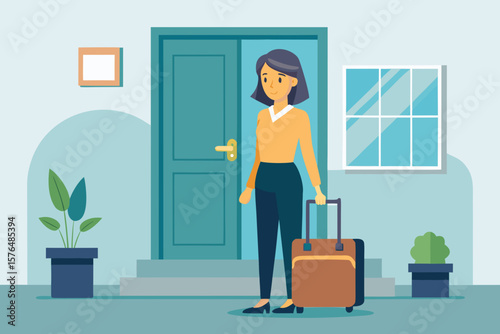 A woman on the doorstep with a suitcase, calm face and determination in her eyes