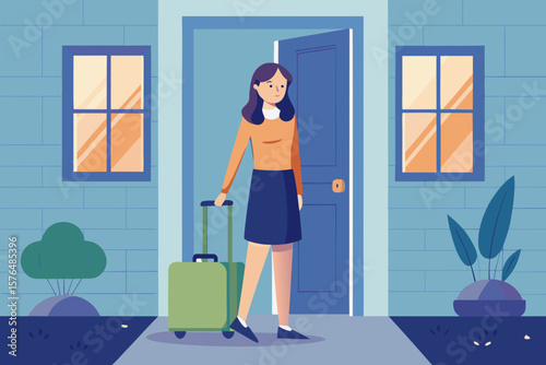 A woman on the doorstep with a suitcase, calm face and determination in her eyes