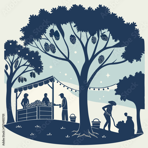 "Night market scene with fruit trees in silhouette and string lights hanging between trunks"

