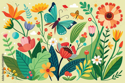 A whimsical illustration featuring a butterfly amidst colorful flowers and greenery, conveying a sense of joy and natures beauty. Ideal for spring and garden themed designs.