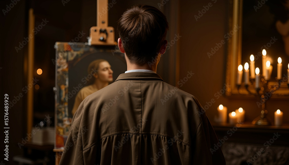Fototapeta premium Young man painting portrait on easel in dimly lit studio. Hobby of drawing 
