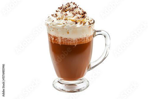 A glass of hot chocolate with whipped cream, isolated on a white isolated on a transparent background in PNG format.