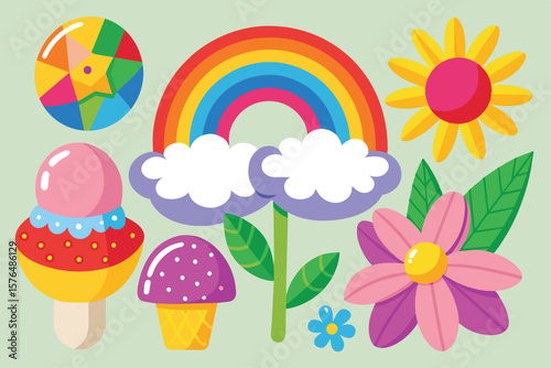 Vibrant abstract graphic featuring a rainbow, flowers, and playful elements. Perfect for bright, cheerful designs and fun themes. Ideal for creative projects requiring colorful inspiration.