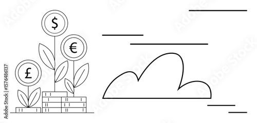 Plants with dollar, euro, and pound coins growing atop stacked coins. Cloud and horizontal lines complete the scene. Ideal for finance, investment, growth, savings banking sustainability. Simple
