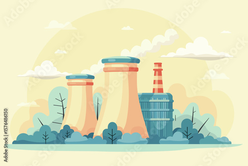 Nuclear power plant with cooling towers and smoke in a landscape surrounded by trees