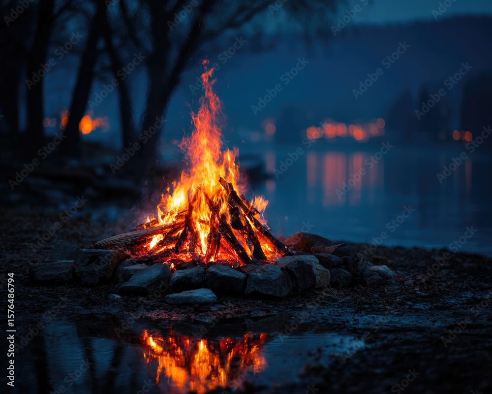 Naklejka premium Bonfire by the Lake at Dusk