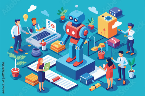 Illustration of a diverse business team interacting with a robot, symbolizing innovation and collaboration in a modern workspace. Highlights teamwork, technology, and future concepts.