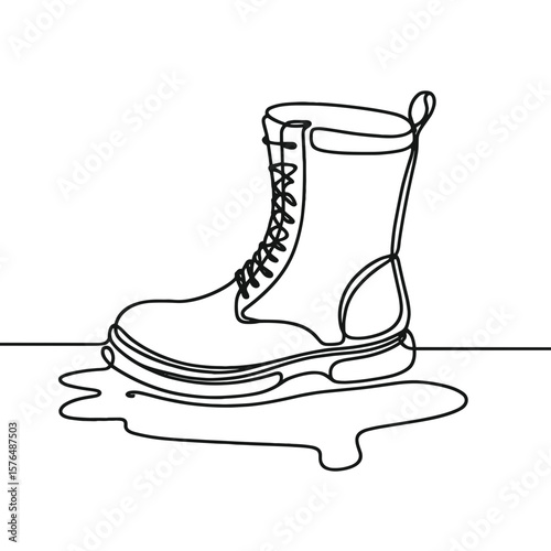 Line art illustration of a boot standing in a puddle, black and white autumn weather and footwear concept with copy space