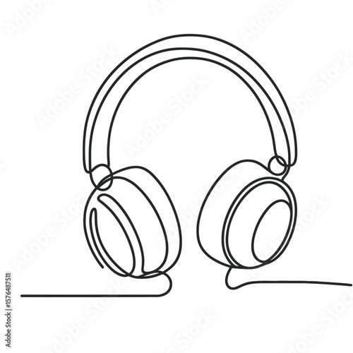 Minimal line art illustration of headphones, black and white audio and music listening concept with copy space