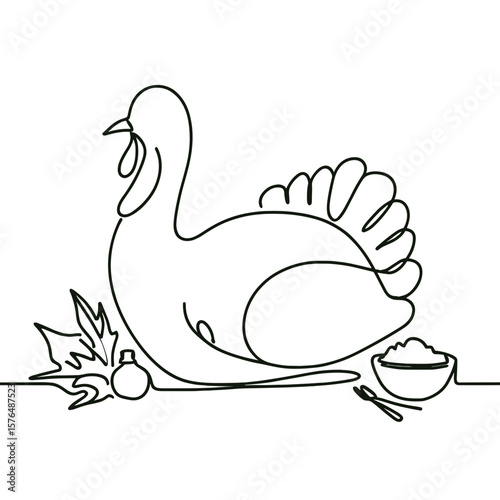 Line art illustration of Thanksgiving turkey with autumn leaves and food, black and white holiday dinner concept with copy space