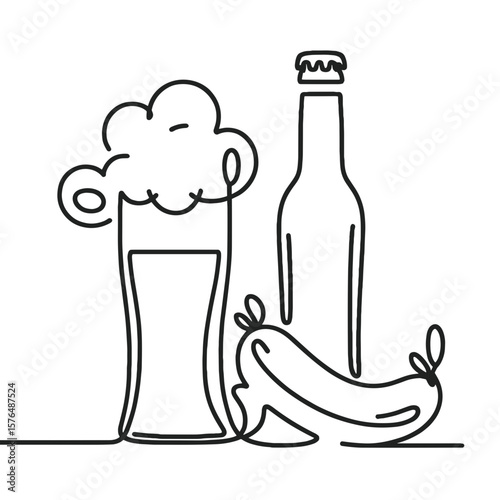 Line art illustration of beer glass, bottle and sausages, black and white Oktoberfest food and drink concept with copy space