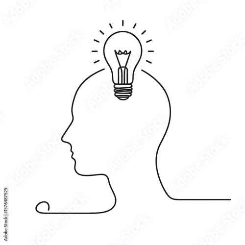 Line art illustration of human head with light bulb, black and white creativity and idea concept with copy space