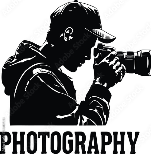 Silhouette of photographer with camera and cap taking a picture in black and white illustration style