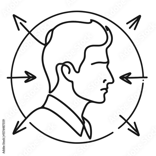 Line art illustration of a man in profile with outward arrows, black and white personal growth and mindset concept with copy space