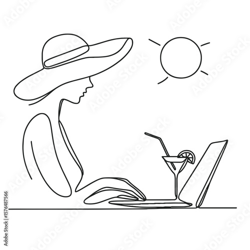 Line art illustration of a woman in sun hat working on laptop with cocktail, black and white remote work and summer vacation concept with copy space