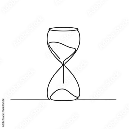Minimal line art of hourglass with flowing sand, black and white time and patience concept with copy space