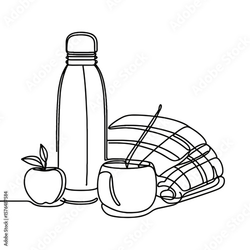 Line art illustration of thermos, mug with spoon, apple and plaid blanket, black and white cozy autumn picnic concept with copy space