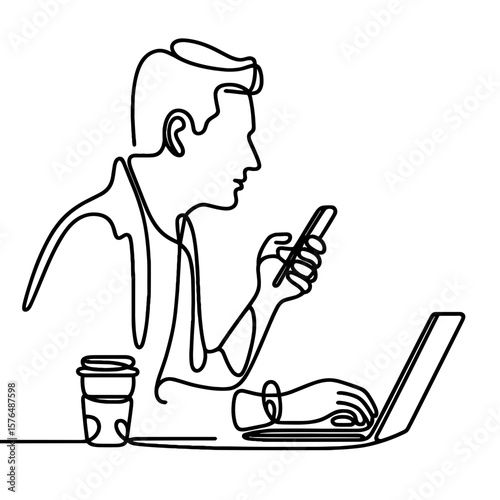 One-line drawing of a man working on laptop and using smartphone, black and white remote work and communication concept with copy space