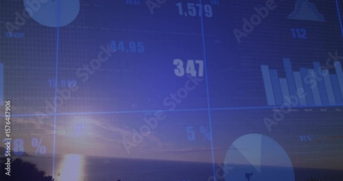 Sun rising initiating blue grid overlay fading in, pulsing charts and updating financial metrics