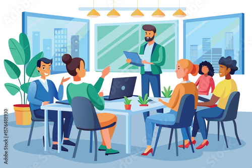 Diverse group of professionals engaging in a lively office meeting, collaborating on a project. The team is focused and surrounded by a vibrant and modern office environment.