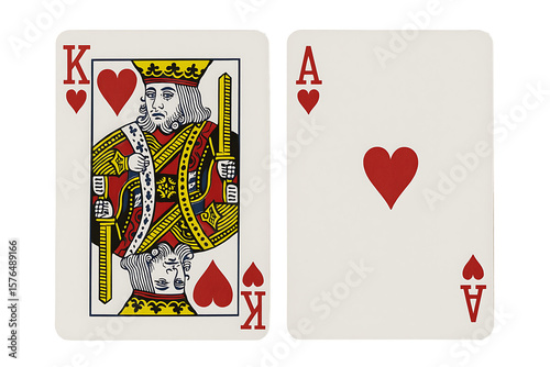 High Resolution King and Ace of Hearts Playing Cards on White Background