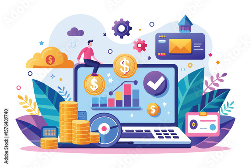 Colorful illustration depicting financial success with digital technology. Includes money symbols, graphs, and cloud computing, symbolizing business growth and online progress.