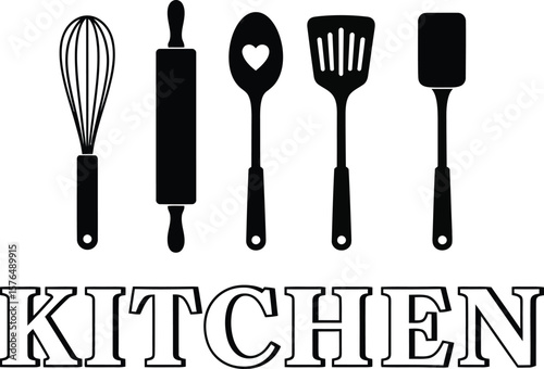 Simple black and white kitchen utensils graphic design.