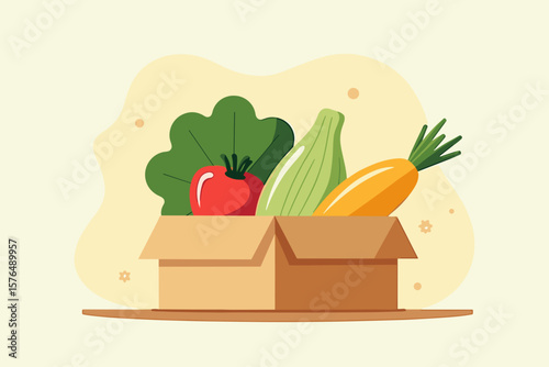 Cardboard box filled with fresh vegetables including lettuce, tomato, zucchini, and carrot