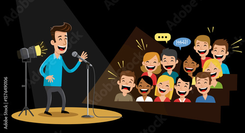 Young boy performing stand-up comedy on stage with audience