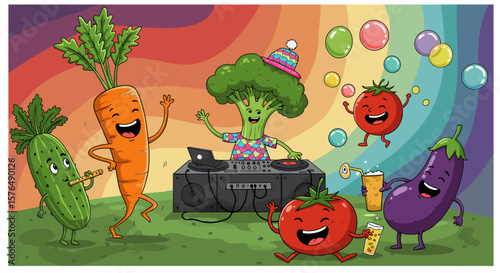 Happy Vegetables Party with Broccoli DJ and Rainbow Background