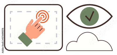 Hand touching a button, eye with checkmark symbolizing approval, and cloud icon suggesting storage. Ideal for user interface, data processing, validation, approval, accessibility, cloud computing