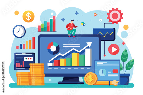 Lively business illustration displaying analytics with graphs, charts, and symbols. Represents growth, success, and modern business insights with vibrant colors and engaging design elements.