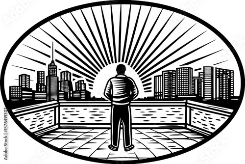 Sunrise over the city, a lone figure on a rooftop looking at the sky