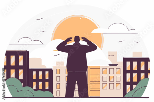 Sunrise over the city, a lone figure on a rooftop looking at the sky