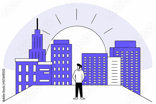 Sunrise over the city, a lone figure on a rooftop looking at the sky