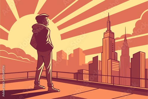 Sunrise over the city, a lone figure on a rooftop looking at the sky