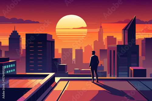 Sunrise over the city, a lone figure on a rooftop looking at the sky