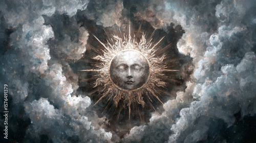 The sun's face shines through swirling, textured clouds in a dreamy, artistic portrayal.