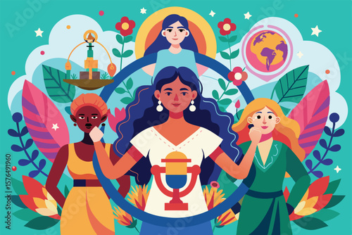 Illustration of diverse women standing confidently, symbolizing empowerment and achievement. Bright colors and elements represent unity, inspiration, and global togetherness.