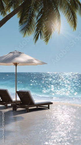 Relaxing Beach Getaway With Sun Loungers and Palm Trees by the Turquoise Ocean