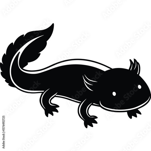 Black axolotl silhouette with feathery gills and tail salamander amphibian