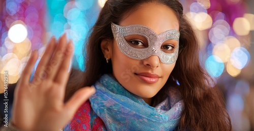 Celebrating With a Mask During a Colorful Festival at Night in a Lively Atmos...