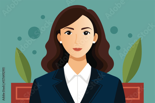 Illustration of a professional businesswoman in a formal suit, set against an office themed background. Perfect for business, corporate, and professional design projects.