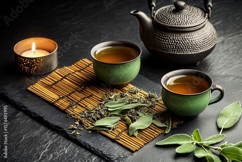 Warm Herbal Tea Served in Green Cups With a Traditional Teapot on a Bamboo Mat