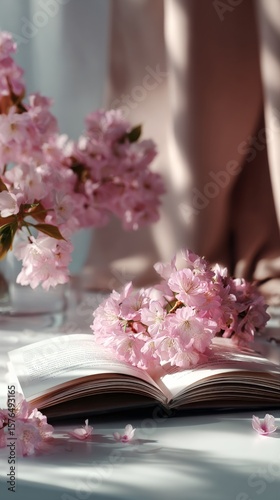 Cherry Blossoms and an Open Book Create a Serene Ambiance in a Softly Lit Room